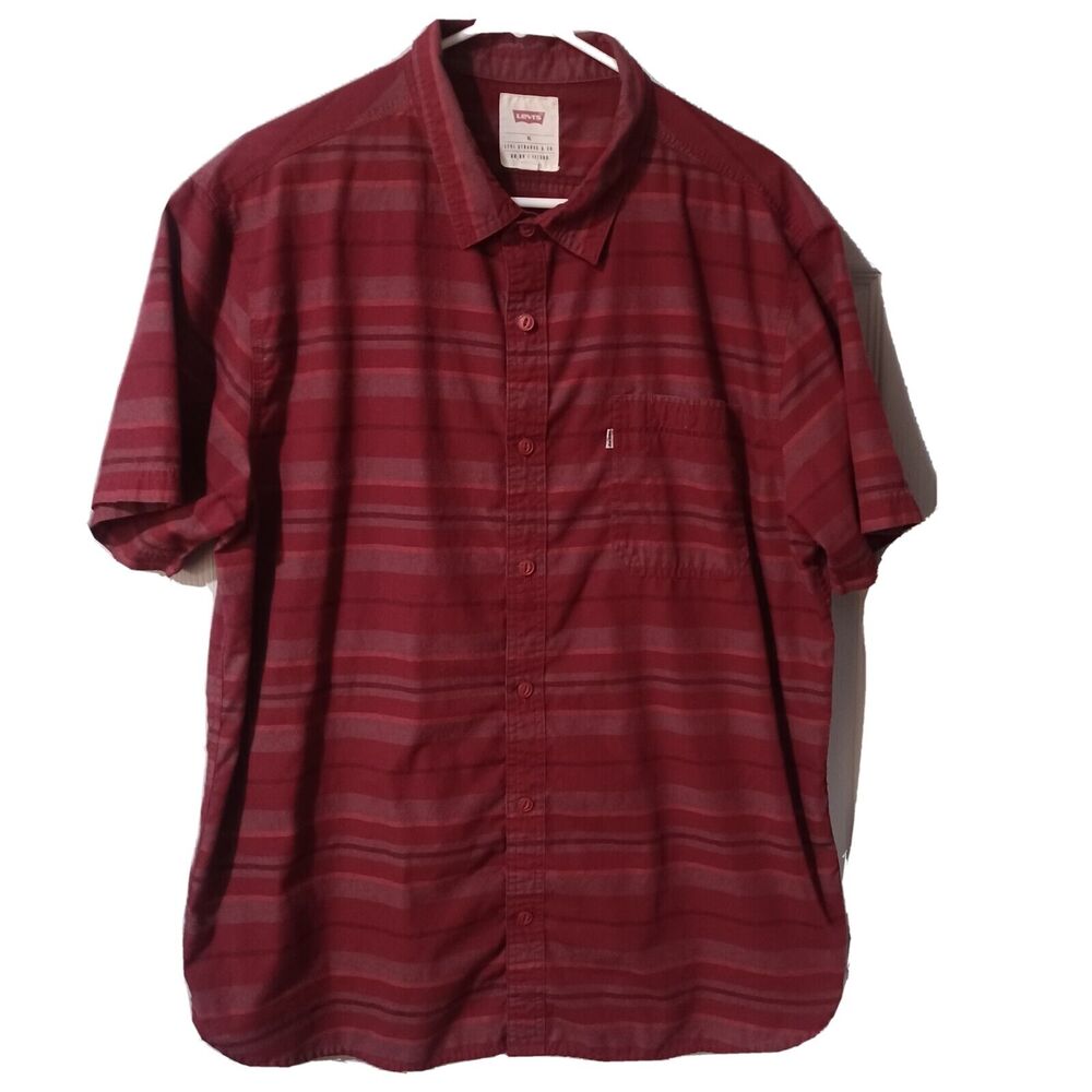 Levis Oxford Button Front Shirt Mens Size XL Red Stripe Short Sleeve Collar